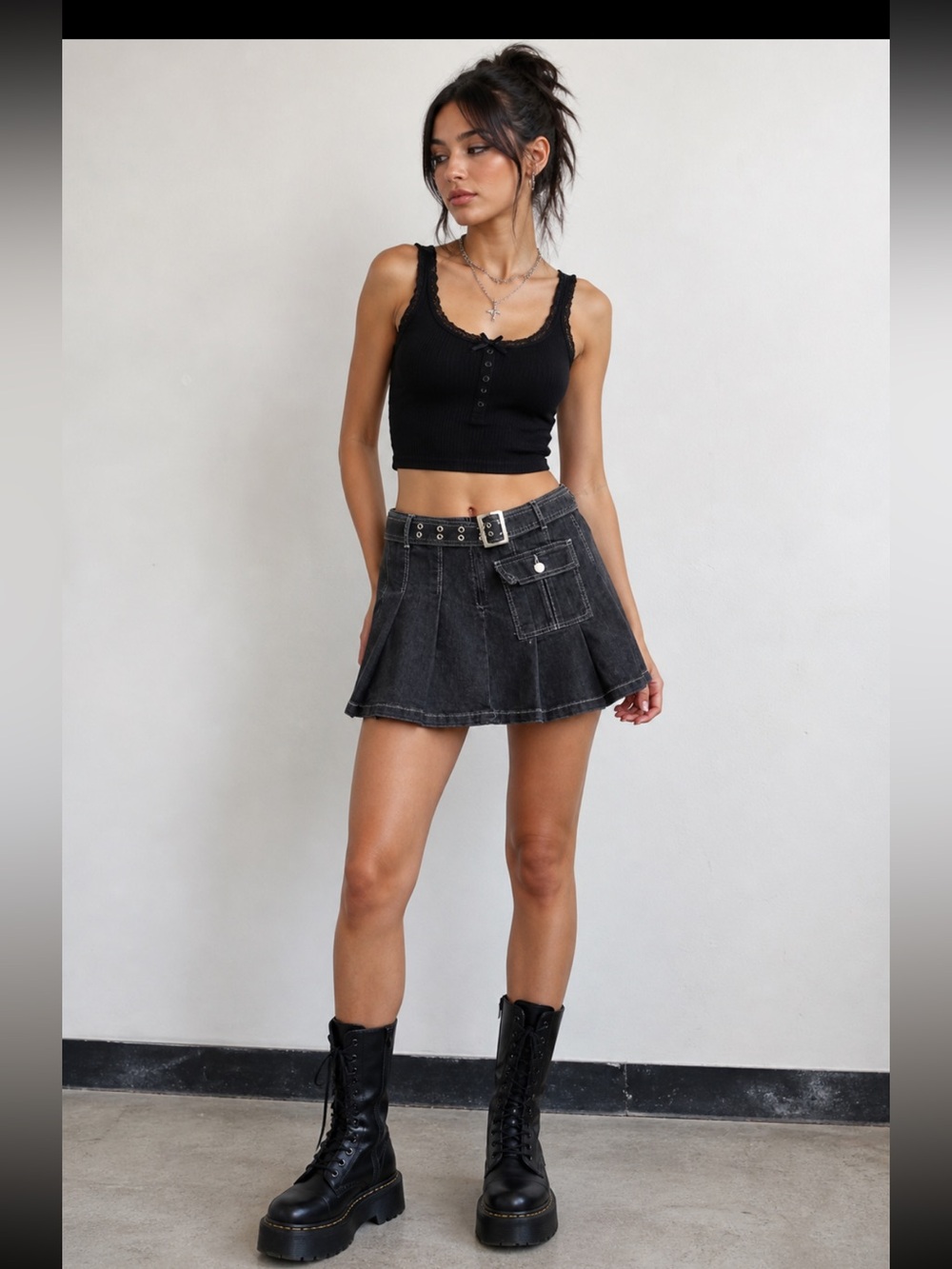 Hot Topic Black Denim Pleated Mini Skirt w/ Grommet Belt & Cargo Pocket XL Y2K